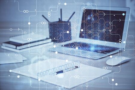 Double exposure of computer and technology theme drawing. Concept of innovation.の写真素材