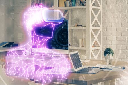 Computer on desktop with AR theme icon. Multi exposure. Concept of augmented reality.