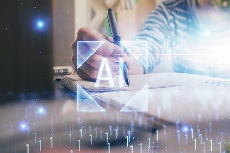 Double exposure of hands making notes with digital coding icons. Computer learning concept.の写真素材