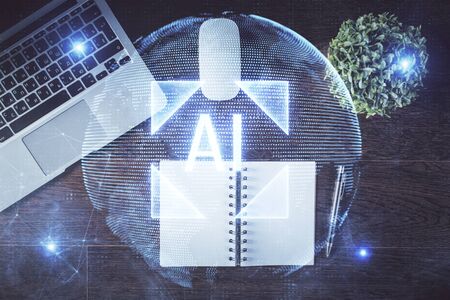 Double exposure of data theme drawing hologram over topview work table background with computer. Concept of technology.の写真素材