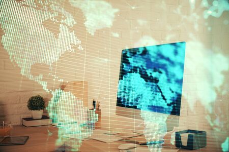 Double exposure of business theme drawing and office interior background. Concept of successの写真素材