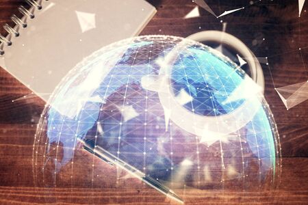 Multi exposure of business theme drawing and work table top veiw. Concept of international finance.