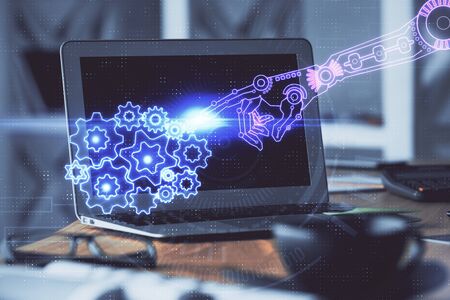 Multi exposure of computer on background and technology theme drawing. Concept of innovation.
