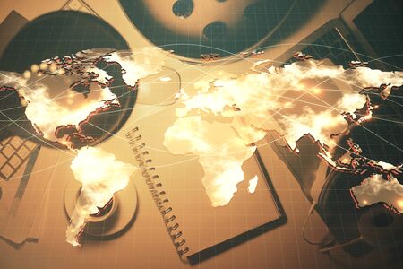 Multi exposure of business theme drawing and work table top veiw. Concept of international finance.の写真素材