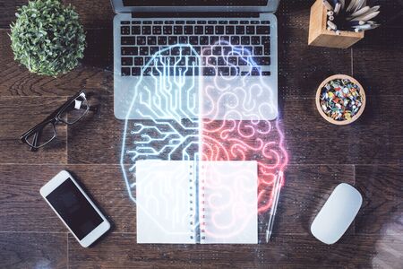 Double exposure of brain drawing hologram over topview work table background with computer. Concept of big data.の写真素材