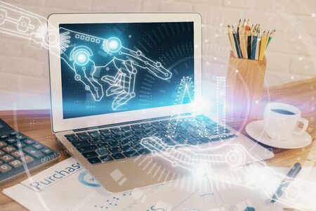 Multi exposure of desktop with computer on background and tech theme drawing. Concept of big data.