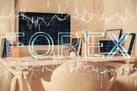 Double exposure of financial graph drawing and office interior background. Concept of stock market.の写真素材