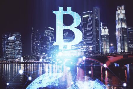 Multi exposure of cryptocurrency theme hologram drawing and city veiw background. Concept of...
