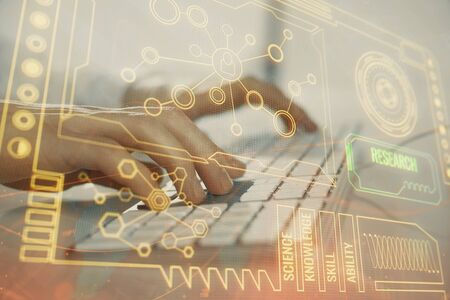 Double exposure of data internet theme hologram with man working on computer on background. Concept of innovation.の写真素材