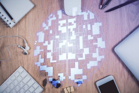 Multi exposure of technology theme drawing over work table desktop. Top view. Global data analysis concept.の写真素材