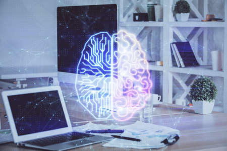 Double exposure of work table with computer and brain sketch hologram. Brainstorming concept.