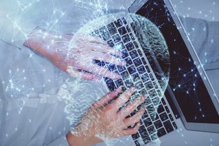 Double exposure of woman working on computer andhuman brain hologram drawing. Top View. Ai concept.