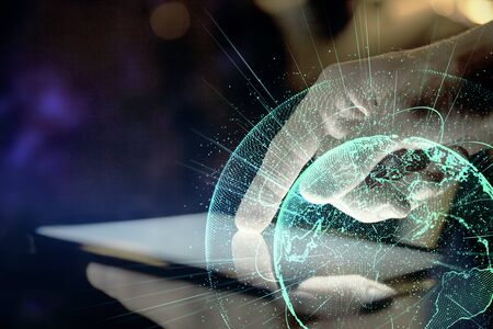 Double exposure of mans hands holding and using a phone and social network theme drawing.の写真素材