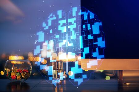 Multi exposure of desktop with computer on background and tech theme drawing. Concept of big data.