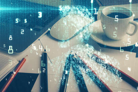 Double exposure of desktop with computer on background and tech theme drawing. Concept of big data.