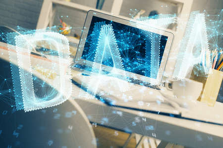 Double exposure of desktop with personal computer on background and tech theme drawing. Concept of...