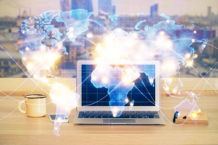 Multi exposure of business theme icons and table with computer background. Concept of success.の写真素材