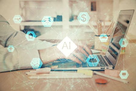 Businessman working on Laptop with technology theme drawing. Concept of big data. Double exposure.の写真素材