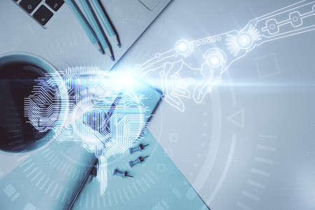 Multi exposure of brain sketch hologram over topview work table background with computer. Concept of...
