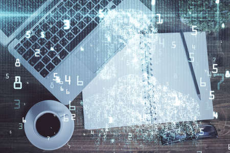 Multi exposure of data theme drawing hologram over topview work desk background with computer....