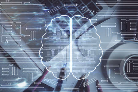 Multi exposure of brain sketch hologram over topview work table background with computer. Concept of...