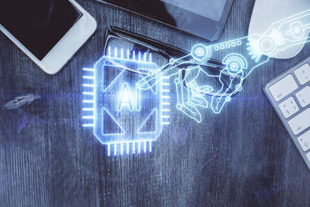 Multi exposure of technology theme drawing over work table desktop. Top view. Global data analysis...