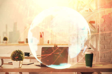 Double exposure of business theme drawing and office interior background. Concept of successの写真素材