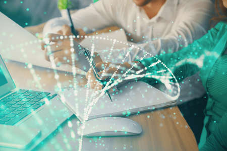 Double exposure of DNA theme drawing over people taking notes background. Concept of medical...