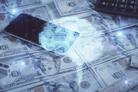 Double exposure of brain drawing over us dollars bill background. Technology concept.