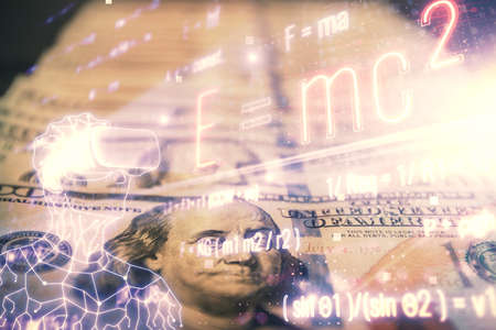 Double exposure of formula drawing over usa dollars bill background. Concept of education.