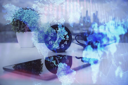 Double exposure of forex graph drawing and cell phone background. Concept of financial data analysis