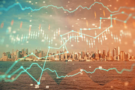 Forex graph on city view with skyscrapers background double exposure. Financial analysis concept.
