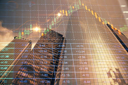 Forex chart on cityscape with skyscrapers wallpaper multi exposure. Financial research concept.