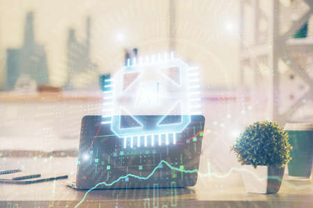 Double exposure of desktop with computer on background and tech theme drawing. Concept of big data.