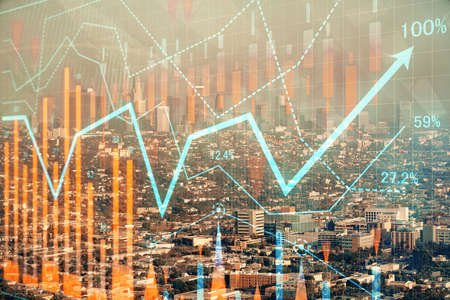 Forex chart on cityscape with skyscrapers wallpaper double exposure. Financial research concept.