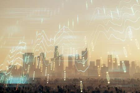 Forex chart on cityscape with skyscrapers wallpaper double exposure. Financial research concept.