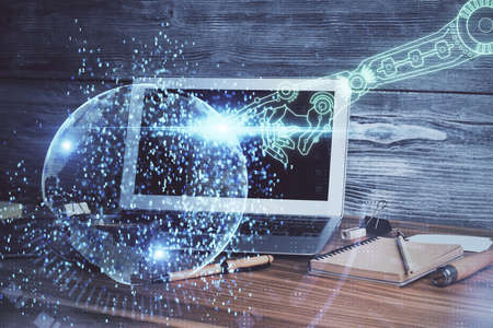 Multi exposure of computer on background and technology theme drawing. Concept of innovation.