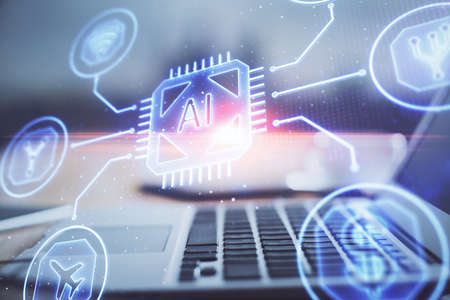 Technology theme drawing and table with computer. Double exposure. Concept of information.の写真素材