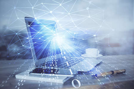 Double exposure of computer and technology theme hud. Concept of innovation.の写真素材