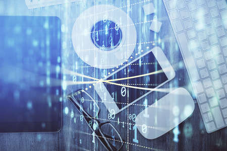 Multi exposure of technology theme drawing over work table desktop. Top view. Global data analysis...