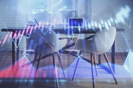 Multi exposure of financial graph drawing and office interior background. Concept of market...