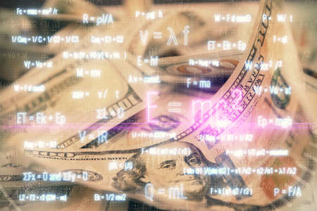 Double exposure of formula drawing over usa dollars bill background. Concept of education.