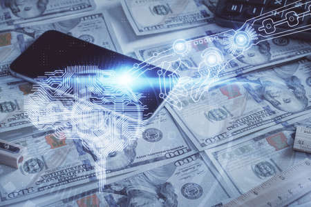 Double exposure of brain drawing over us dollars bill background. Technology concept.の写真素材