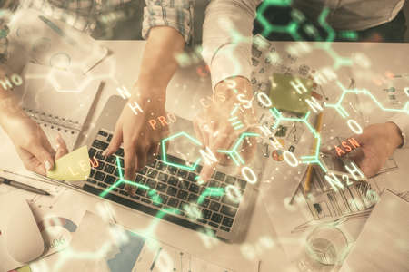 Double exposure of man and woman working together and formula hologram drawing. Computer background....