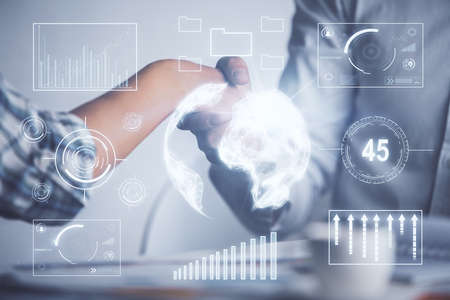 Double exposure of forex graph hologram and handshake of two men. Stock market concept.