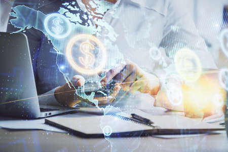 Double exposure of forex chart sketch hologram and woman holding and using a mobile device....