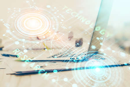 Double exposure of desktop with personal computer on background and tech theme drawing. Concept of...