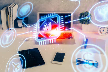 Multi exposure of table with computer on background and data theme drawing. Concept of innovation.