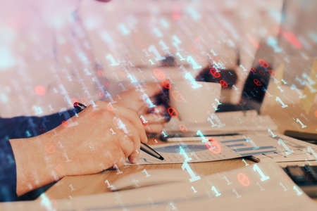 Humans hands with data theme double exposure background drawings. Concept of big data.