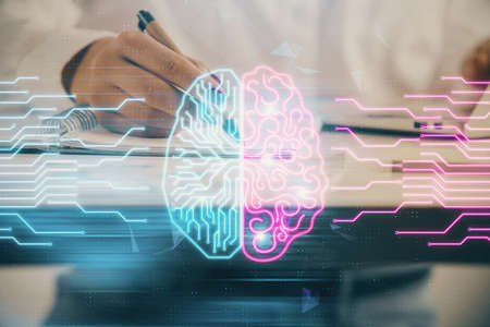 Multi exposure of womans writing hand on background with brain hologram. Concept of brainstorming.